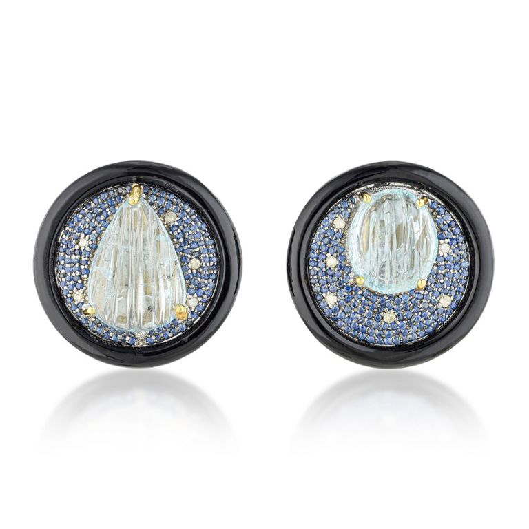 14k Gold Aquamarine Sapphire and Onyx Earrings