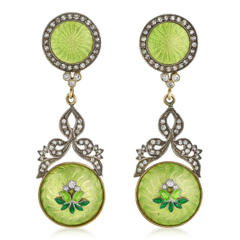 18k Gold Enamel and Diamond Earrings