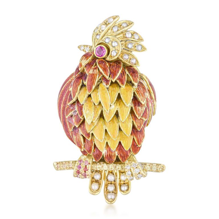 18k Yellow Gold Enamel Rooster Brooch