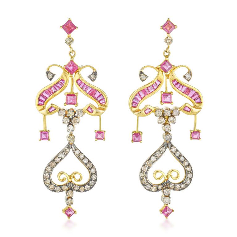 18k Gold and Silver Ruby and Diamond Earrings