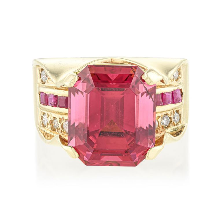 14k Yellow Gold Rubellite, Diamond and Ruby Ring