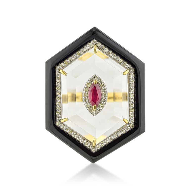Ruby, Rock Crystal, Onyx and Diamond Ring