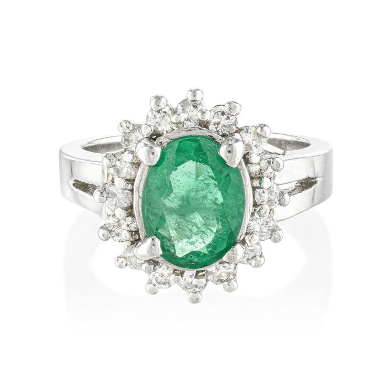 14k White Gold Emerald and Diamond Ring