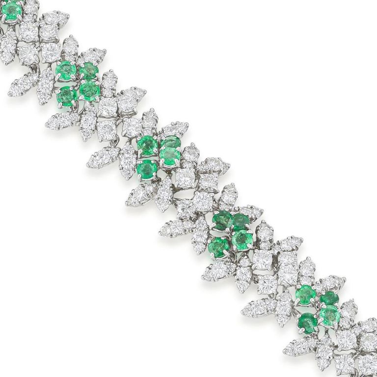 Platinum Diamond and Emerald Cluster Bracelet