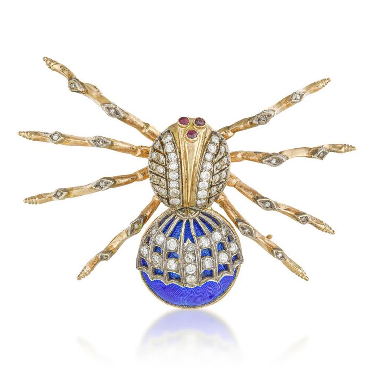14k Gold Diamond Enamel Spider Brooch
