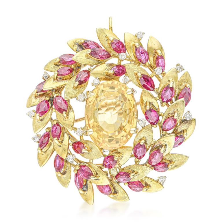 14k Yellow Gold Citrine Ruby and Diamond Brooch