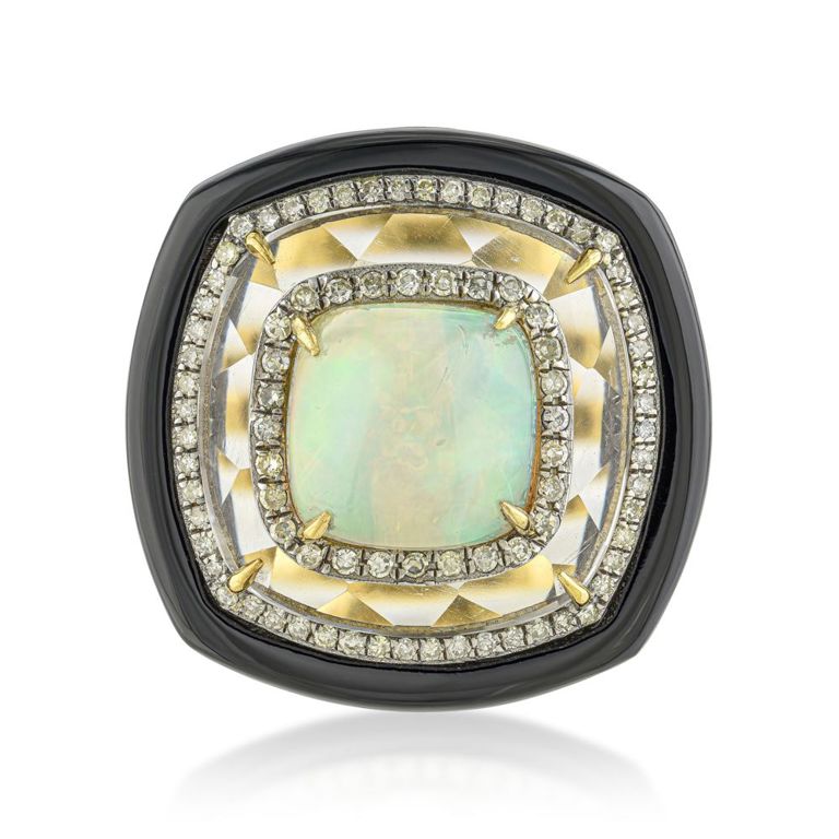 14k Yellow Gold Opal Rock Crystal and Diamond Ring
