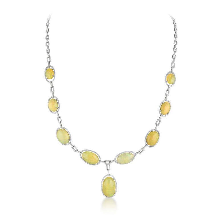 14k White Gold Opal and Diamond Necklace