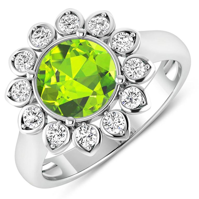14k White Gold Peridot and Diamond Ring