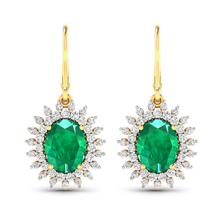 Pair of Yellow Gold Emerald and Diamond Earrings