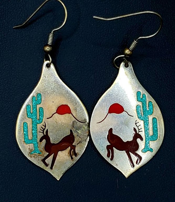 Sterling Silver Turquoise, Coral and Onyx Earrings