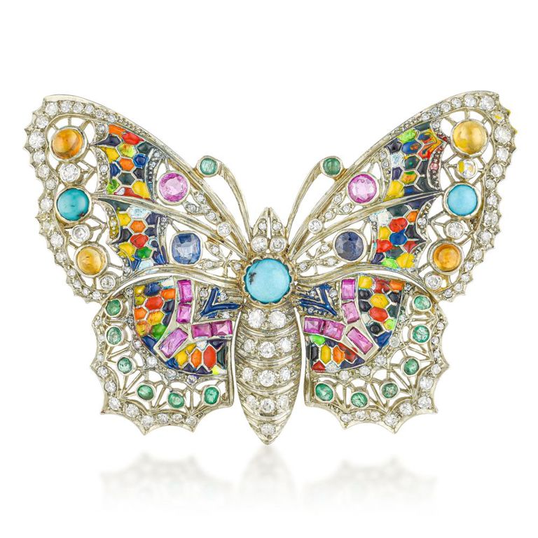 18k Gold Multigemstone and Enamel Brooch