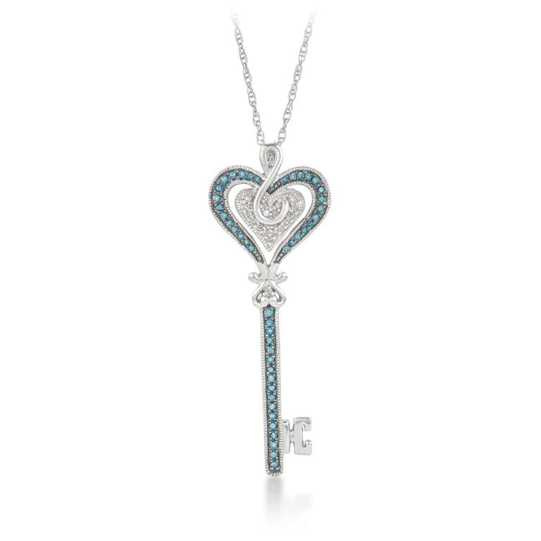 Silver Diamond Heart Key Pendant Necklace