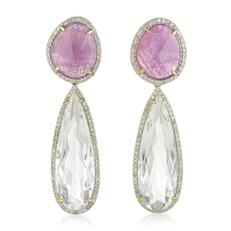 Rock Crystal Pink Sapphire and Diamond Earrings