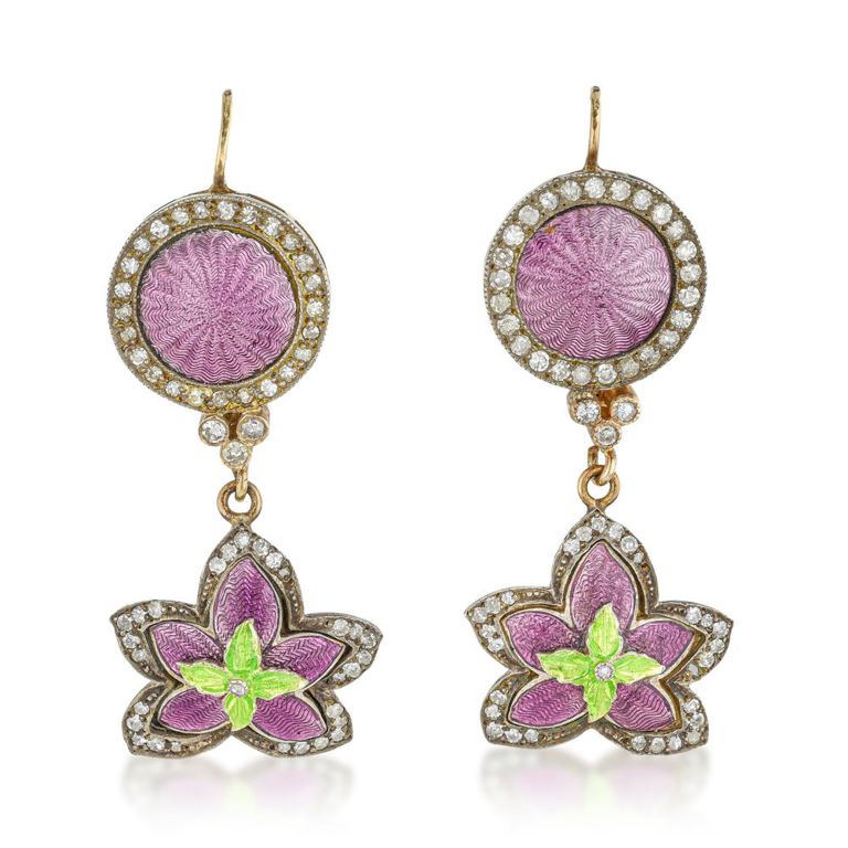 14k Gold and Silver Enamel Diamond Earrings