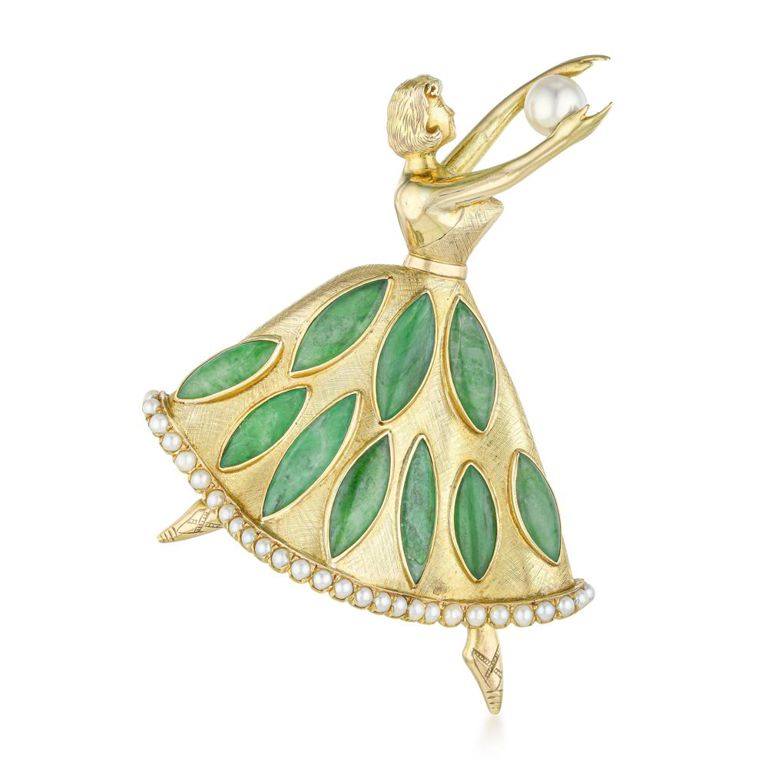 Vintage 14k Gold Jade and Pearl Brooch