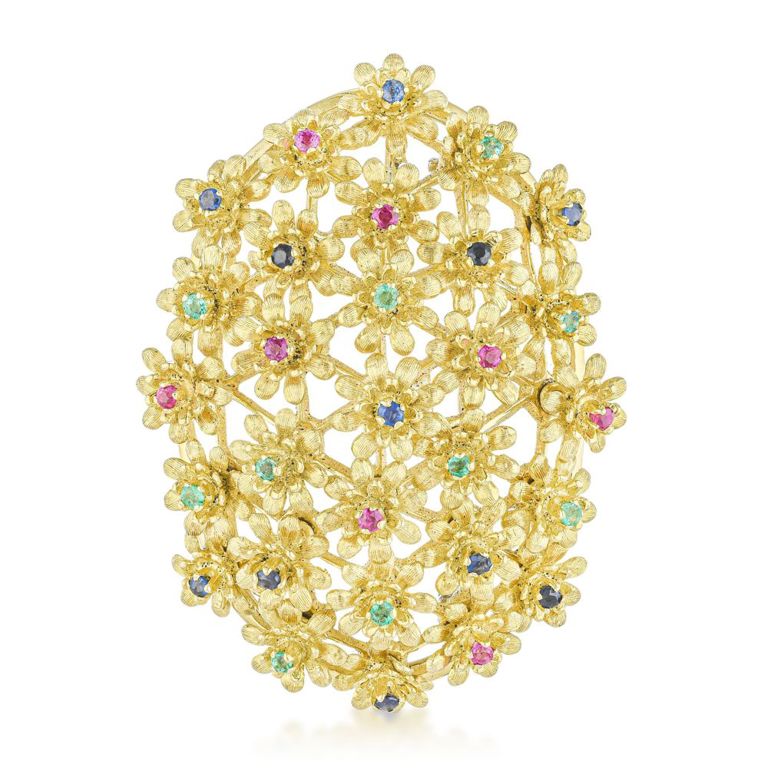 18k Gold Multigemstone Flower Brooch