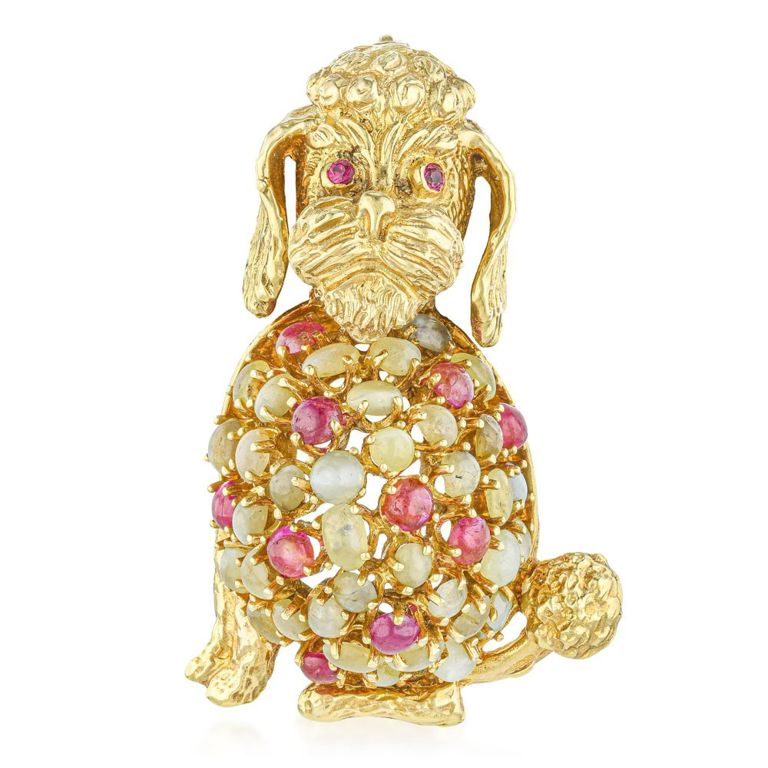 18k Gold Multigemstone Dog Brooch