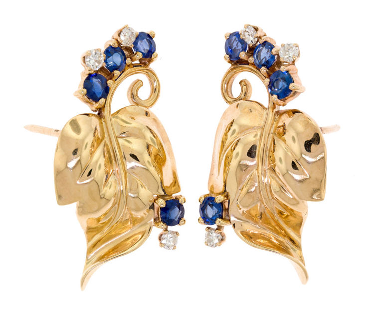 Pair of 14k Gold Sapphire and Diamond Earrings