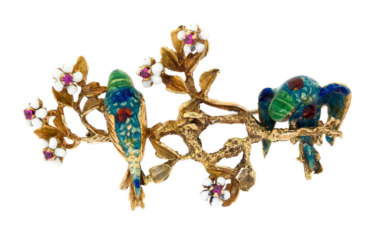 18k Gold Spinel Parrot Brooch