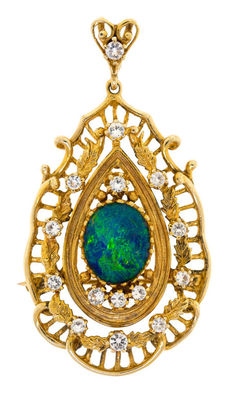 14k Gold Opal Triplet and CZ Brooch/Pendant