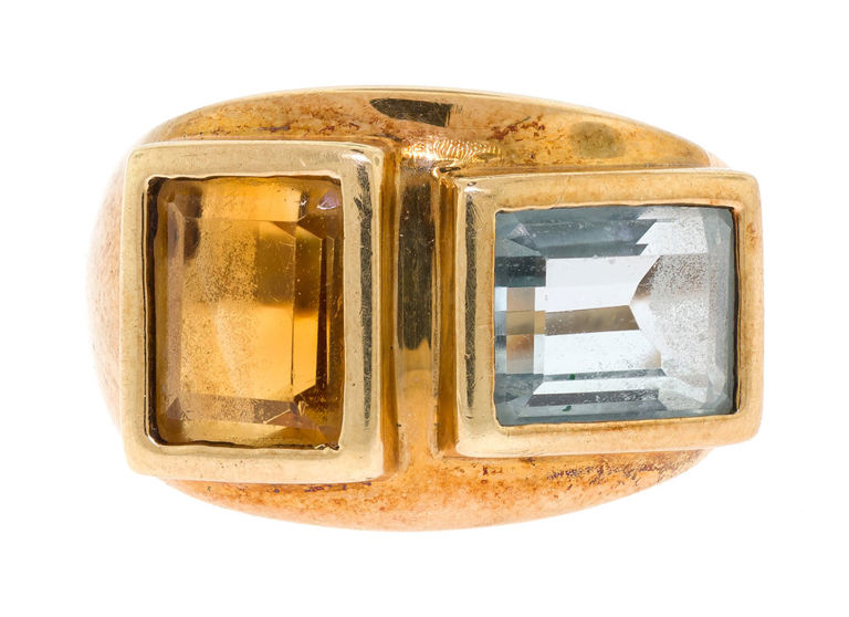 14k Gold Blue Topaz and Citrine Ring