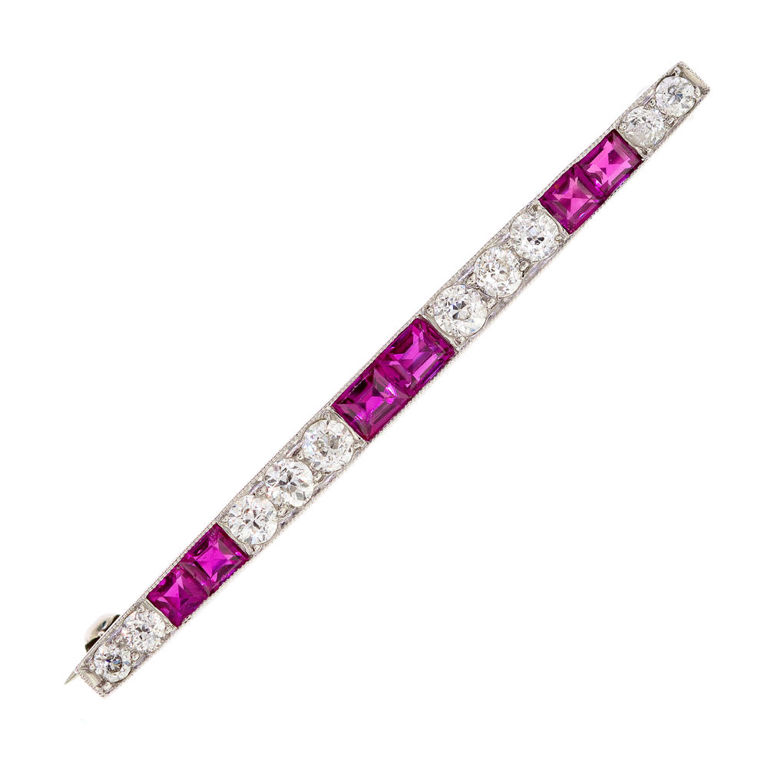 Platinum Ruby and Diamond Bar Brooch