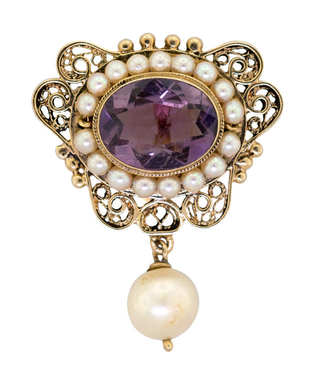 14k Yellow Gold Amethyst and Pearl Pendant