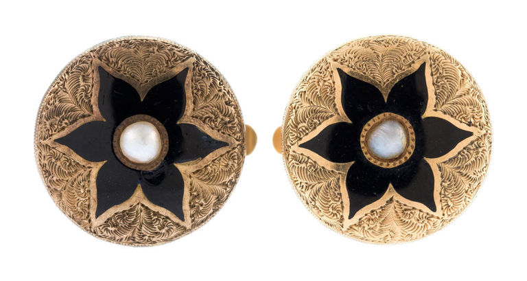 14k Gold Black Enamel and Pearl Cufflinks