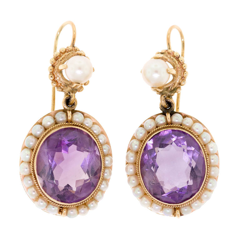 Pair of 14k Gold Amethyst and Pearl Earrings