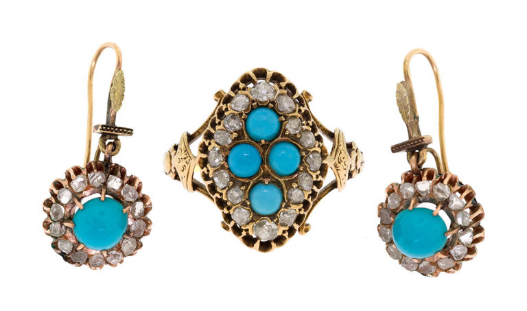 Set of Gold Diamond and Turquoise Jewelry