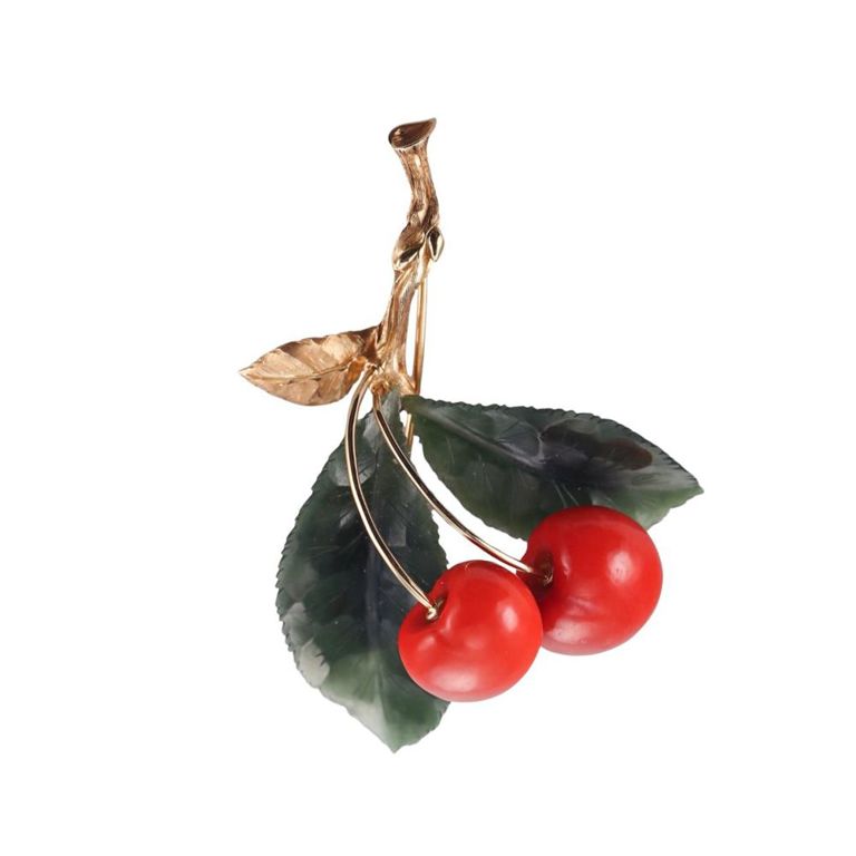 14k Gold Nephrite and Coral Brooch