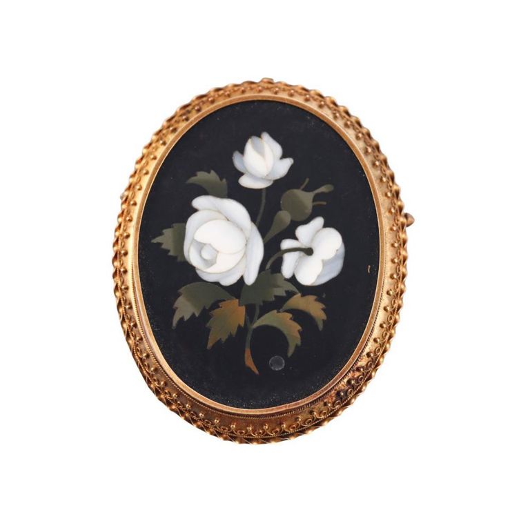 18k Gold Pietra Dura Flower Brooch