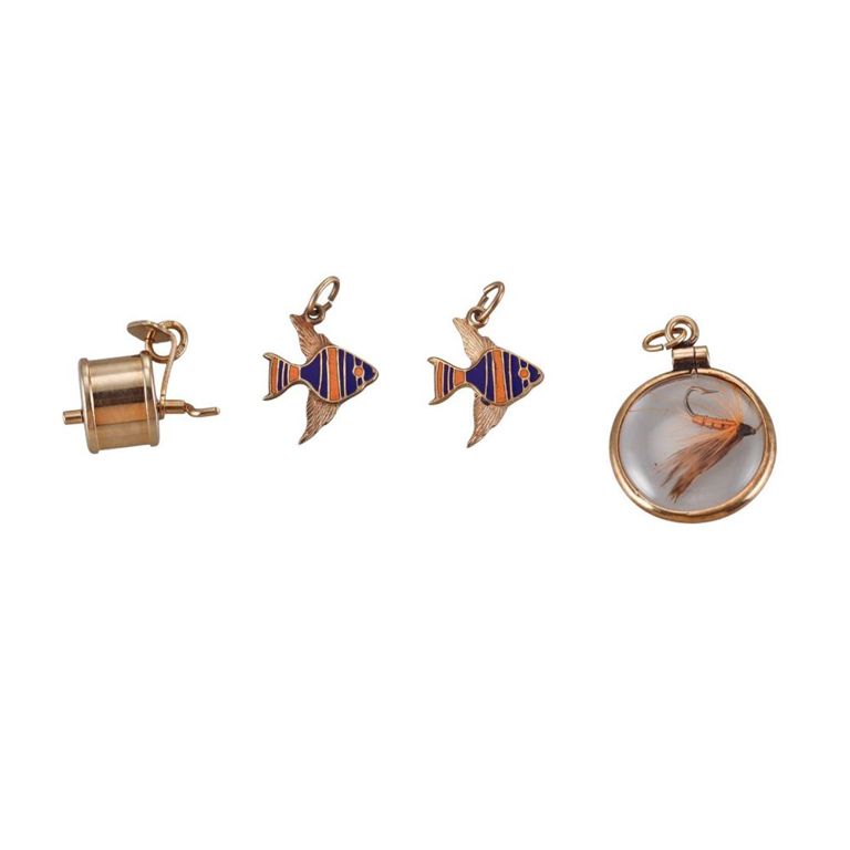 Set of 4 14k Gold Enamel Fishing Charms