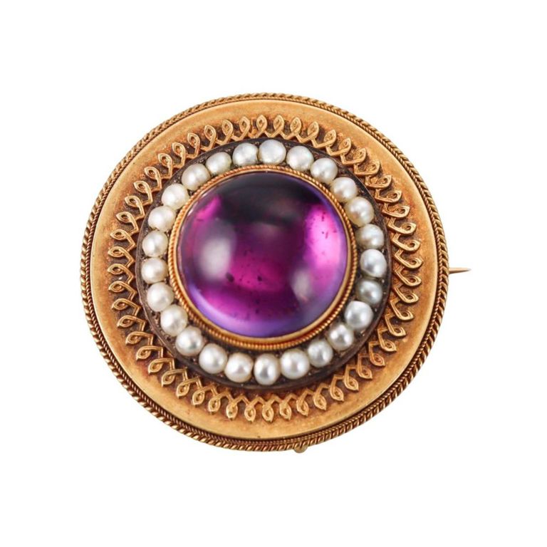 14k Gold Pearl and Amethyst Locket Brooch