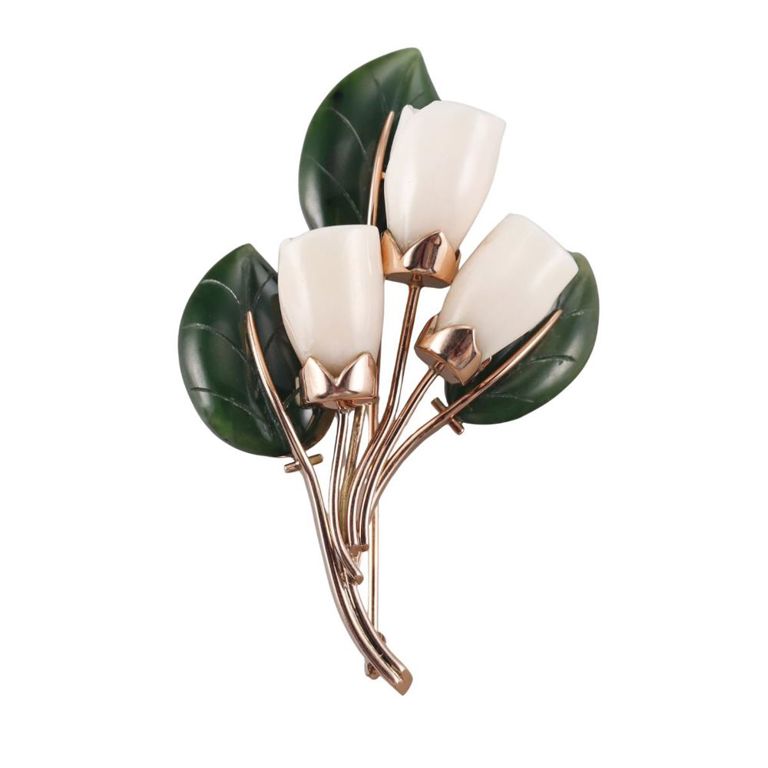 14k Gold Nephrite and Coral Brooch