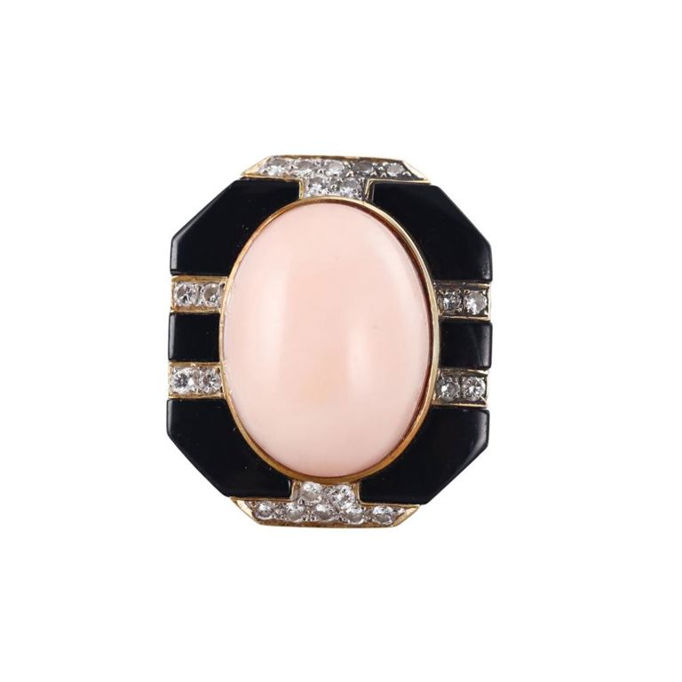 18k Gold Coral Onyx Diamond Ring