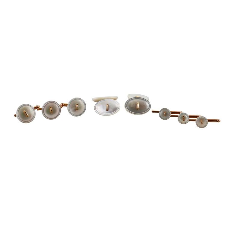 14k Gold Mother of Pearl Cufflinks and Stud Set