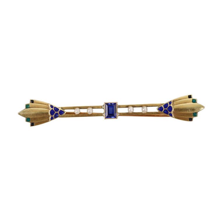 18k Gold Sapphire Pearl Enamel Brooch