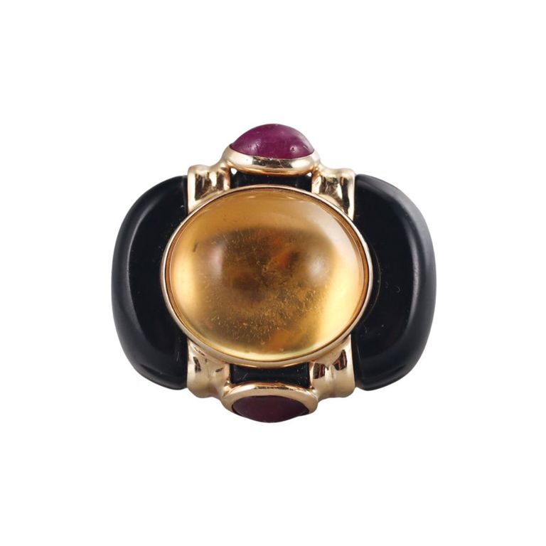 18k Gold Onyx Citrine and Ruby Ring