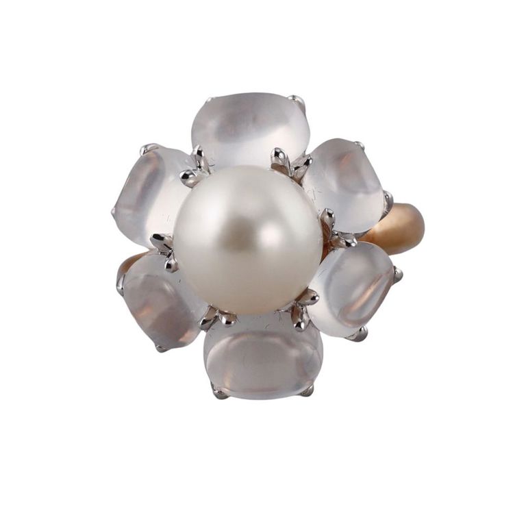 18k Gold Pearl and Crystal Ring