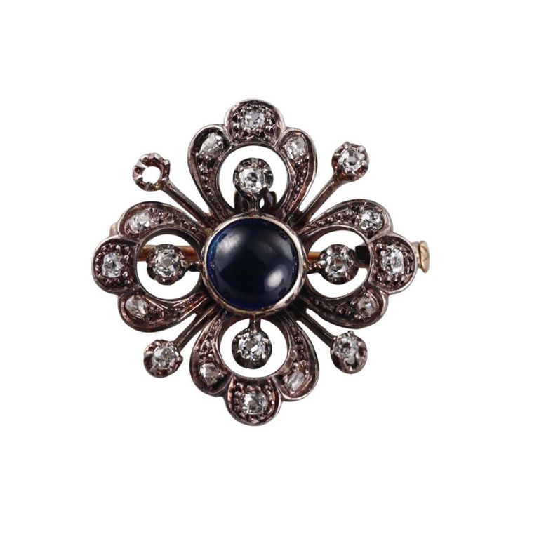 Gold and Silver Diamond Sapphire Brooch