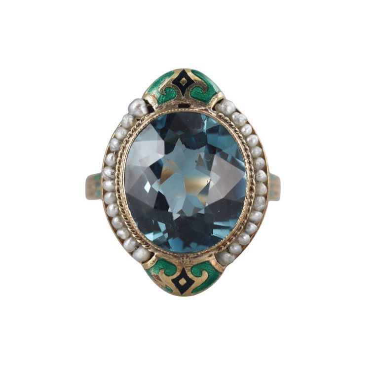 14k Gold Zircon Seed Pearl Enamel Ring