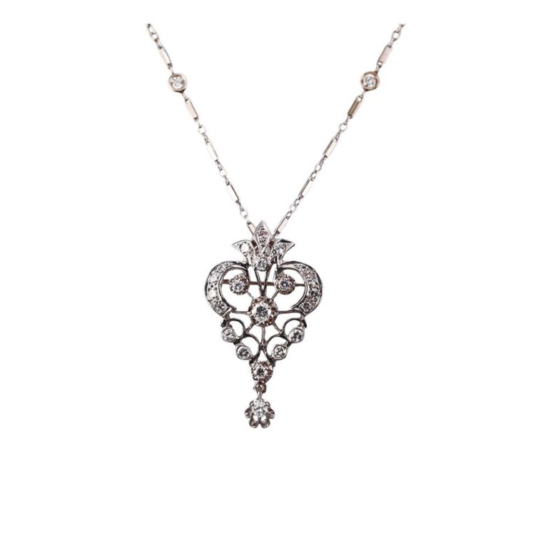 14k Gold Diamond Brooch Pendant Necklace