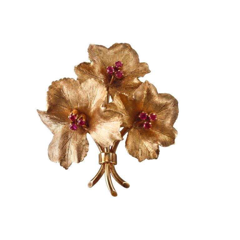 18k Gold Ruby Leaf Brooch