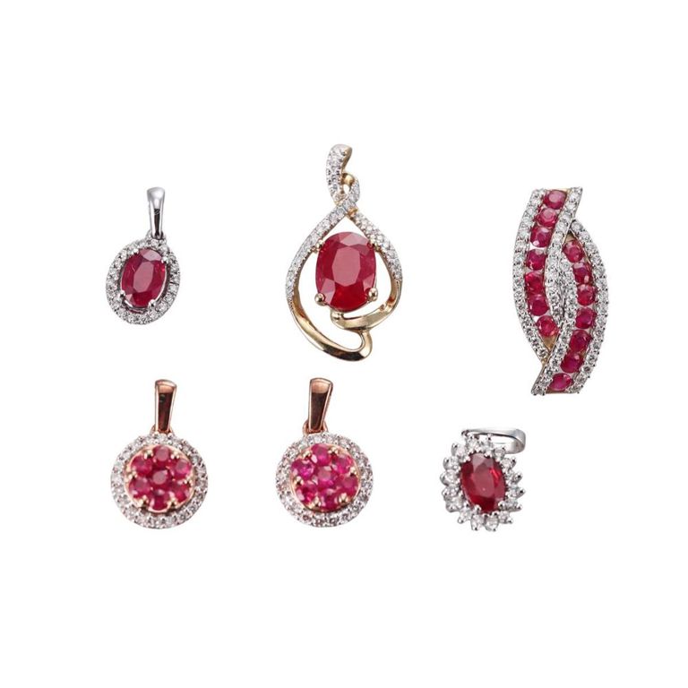 Set of 6 9k Gold Ruby and Diamond Pendants