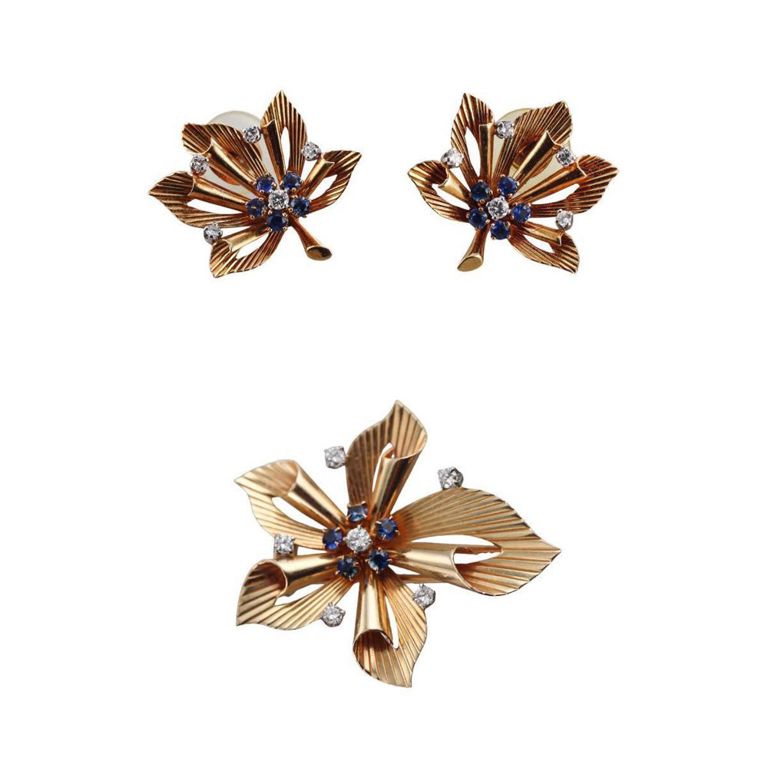 14k Gold Diamond and Sapphire Jewelry Set