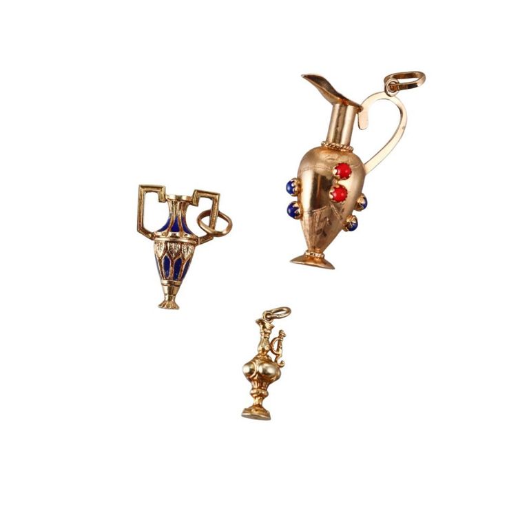 Set of 3 Gold Enamel Coral and Lapis Pendants