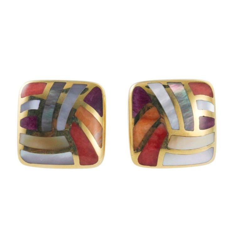 14k Yellow Gold and Mother of Pearl Coral Earrings