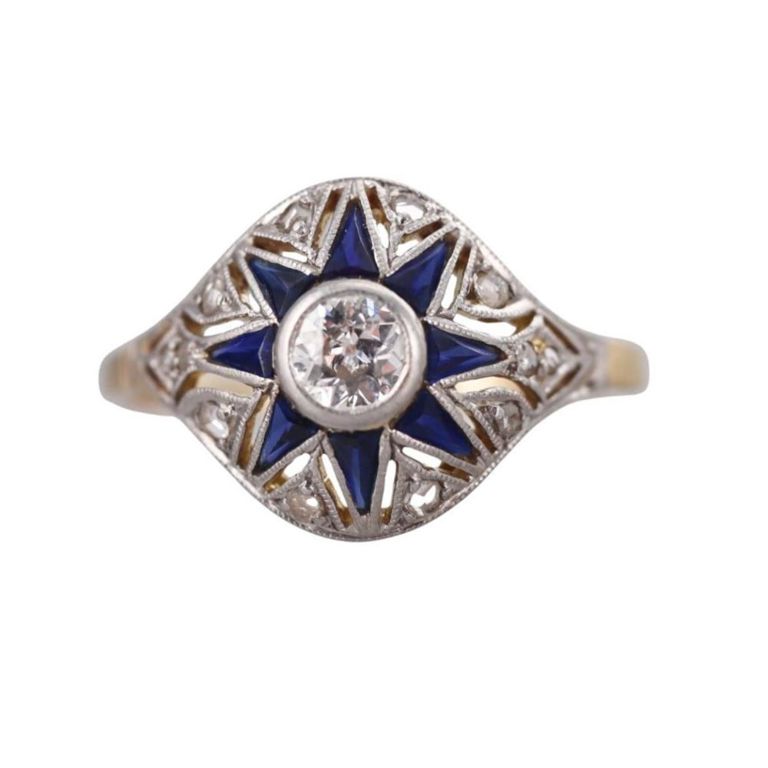 18k Gold Platinum Diamond and Sapphire Ring